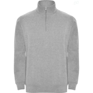 A grey half zip sweatshirt featuring a high collar and long sleeves, with a logo on the chest.