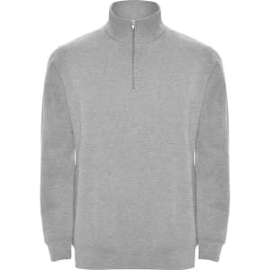 A grey half zip sweatshirt featuring a high collar and long sleeves, with a logo on the chest.
