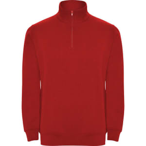 A red Aneto Half Zip Sweatshirt featuring a high collar and a half zip design, also has a logo.