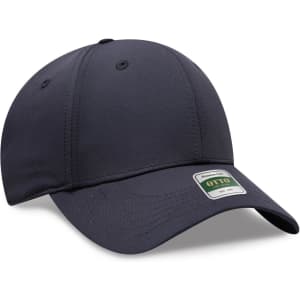 A navy blue six-panel cap featuring a curved visor and a logo label on the front.