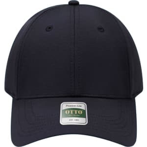 A black six-panel cap with a structured profile, featuring a logo on the front.