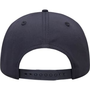 A navy blue cap with a flat brim, featuring a snapback closure and ventilation eyelets at the back.