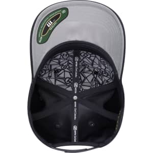 An interior view of a black cap with a grey underside, featuring a patterned lining and a logo.
