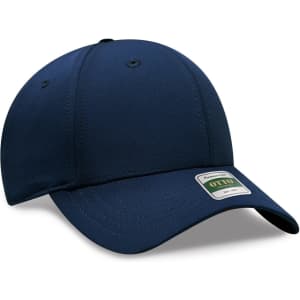 A navy blue six-panel pro-style cap with a logo tag, featuring a curved brim and ventilation holes.