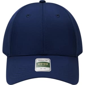 A navy blue six-panel cap featuring a structured design and a branded label on the front.