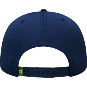 A navy blue cap featuring a snapback closure and a logo on the back.