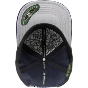 A navy and grey six-panel cap with a patterned interior and a logo.