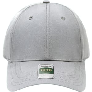 A silver six-panel cap featuring a curved brim and an adjustable strap at the back, with a logo on the front.