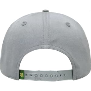 A grey six-panel cap featuring a plastic snapback closure and a logo. The interior shows stitching details.