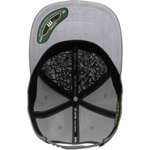 A grey 6-panel cap with a patterned interior lining and a logo tag, viewed from above.
