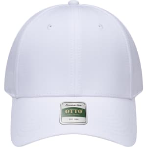 A white six-panel cap featuring a branded label on the front.
