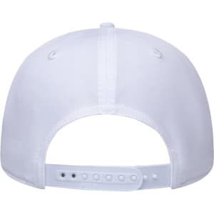 A white six-panel cap featuring a snapback closure and a logo at the back.