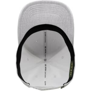 A grey six-panel cap with a curved brim, featuring an interior lining and a logo inside.