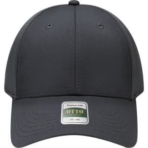 A grey six-panel cap with a curved brim and a logo label on the front.