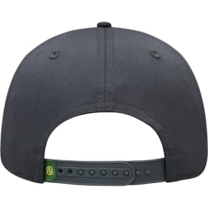 A grey six-panel cap with an adjustable strap at the back and a logo.