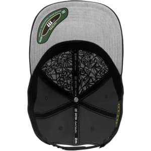 A black and grey 6-panel cap with a patterned interior and a logo, featuring a curved brim.