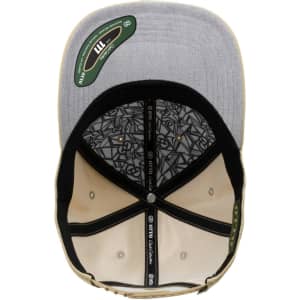 A beige and grey six-panel cap featuring an interior design and a branding logo.
