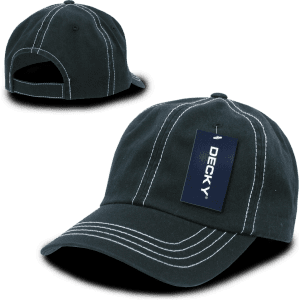 A black 6 panel low profile relaxed dad hat featuring contrasting stitching and a tag with a logo.