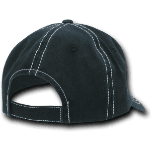 A black 6-panel low profile relaxed dad hat featuring contrast stitching and an adjustable strap at the back.