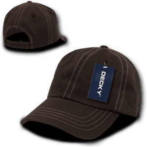 A brown 6 panel low profile relaxed dad hat with contrast stitching and a tag featuring a logo.