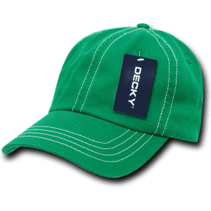 A green six-panel low profile dad hat featuring contrasting white stitching and a tag.