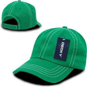 A green 6-panel low profile relaxed dad hat with contrasting stitching and a tag attached, featuring a logo.