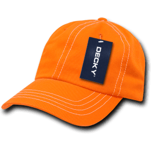 An orange 6-panel low-profile dad hat with contrasting white stitching and a tag attached.