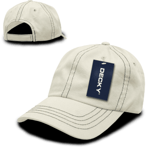 A beige 6 panel low profile relaxed dad hat with stitching details and a brand tag attached.