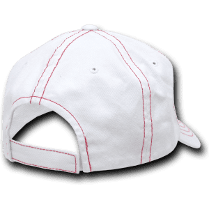 A white 6-panel low-profile dad hat with red contra-stitching and an adjustable strap at the back.