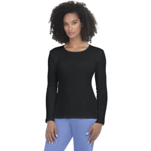 A black long-sleeve tee with a scoop neckline, featuring a subtle texture and a fitted style.
