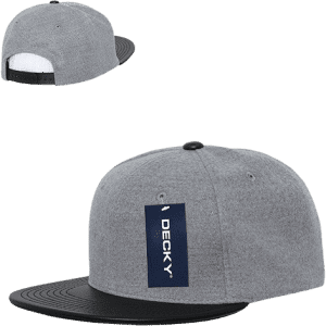 A grey snapback cap with a structured design and a black peak, featuring a logo on the front.