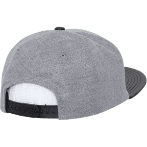 A grey melton snapback hat with a structured high profile and a black peak, featuring a logo on the back.