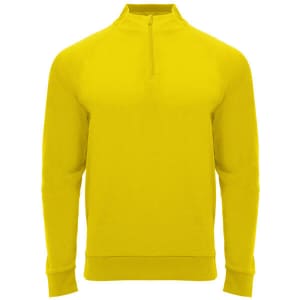 A bright yellow half zip sweatshirt featuring a ribbed hem and cuffs, with a logo on the front.
