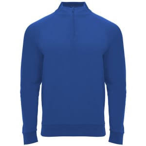 A blue half-zip sweatshirt with long sleeves, featuring a logo on the front.
