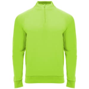 A bright green half zip sweatshirt featuring a logo, designed for youth.