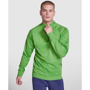 A green half zip sweatshirt with a high collar and long sleeves, featuring a logo.
