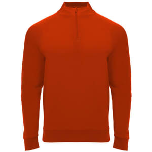 A red half zip sweatshirt designed for youth, featuring long sleeves and a collar. It includes a logo.