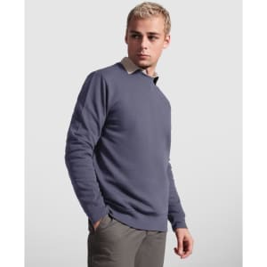 A blue sweatshirt featuring a round neckline and long sleeves, paired with a collared shirt underneath.