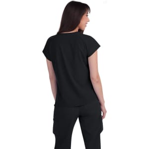 A black top featuring a relaxed fit and short sleeves, displayed from the back. It has a logo on the back.