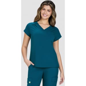 A teal scrub top featuring a V-neck design and short sleeves, with a pocket on the left side.