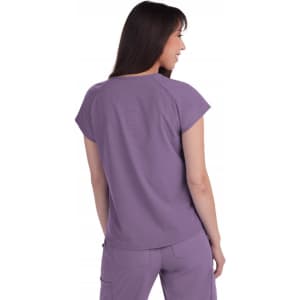 A purple top with short sleeves, featuring a simple design and a relaxed fit, shown from the back.
