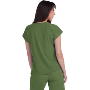 A top in khaki green with cap sleeves, featuring a simple design and a branding logo on the back.