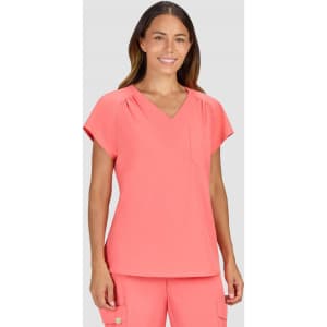 A top in a vibrant coral colour with short sleeves and a V-neck, featuring a pocket on the front.