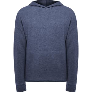 A navy blue hoodie with a relaxed fit and a hood, featuring long sleeves. It has a branding logo.