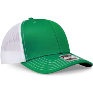A green 6 panel mid profile trucker cap with a white mesh back and a logo on the front.