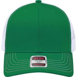 A green 6 panel mid profile trucker cap with white mesh sides and a logo on the front.