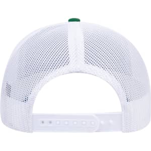 A white 6 panel mid-profile trucker cap with a mesh back and adjustable strap.