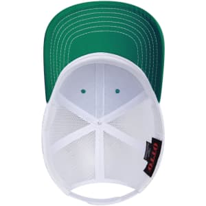 A green and white 6 panel mid-profile trucker cap featuring a mesh interior and a logo.