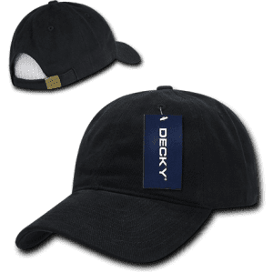 A black 6 panel low profile relaxed dad hat with a tag and a logo on the side.