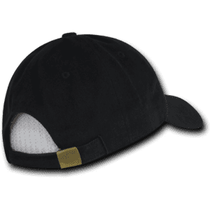 A black 6-panel low profile relaxed dad hat featuring a rear ventilation opening and a logo or branding.